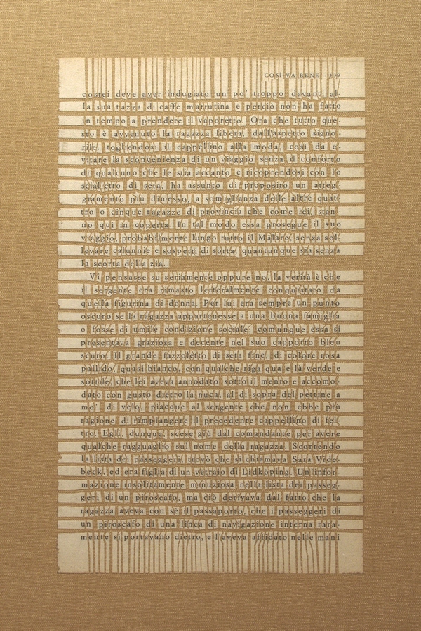 Lettere, 2009. Page cut in 1575 tiles [each letter and punctuation of the text] and placed at regular intervals. Book page on canvas. 13 x 23 cm.